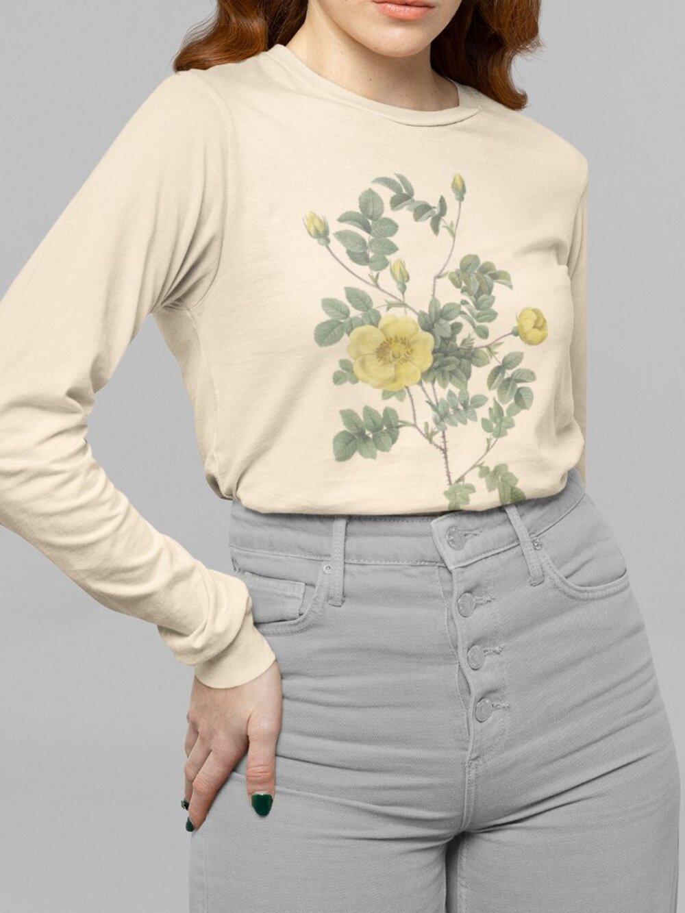 Rose Vintage Floral Print Long Sleeve Graphic Tee T-shirt S-XXL